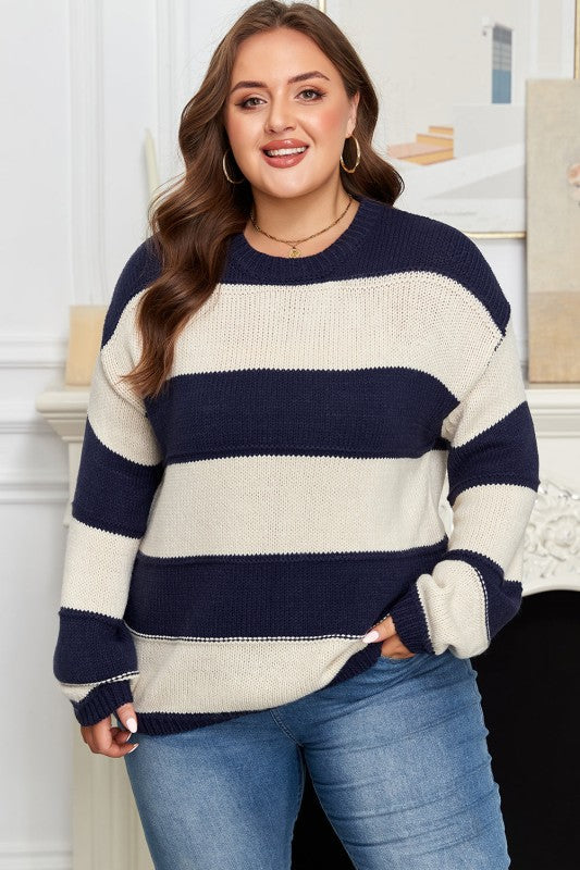 Plus Size Stripe Colorblock Drop Shoulder Sweater