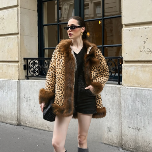 Womens Leopard Print Hooded Faux Fur Collar Jacket
